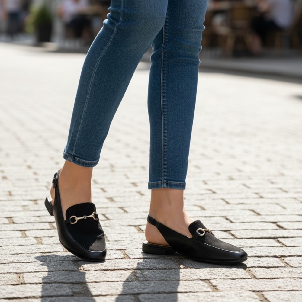 Journee Collection Black Slingback Sandals with Gold Chain Accent